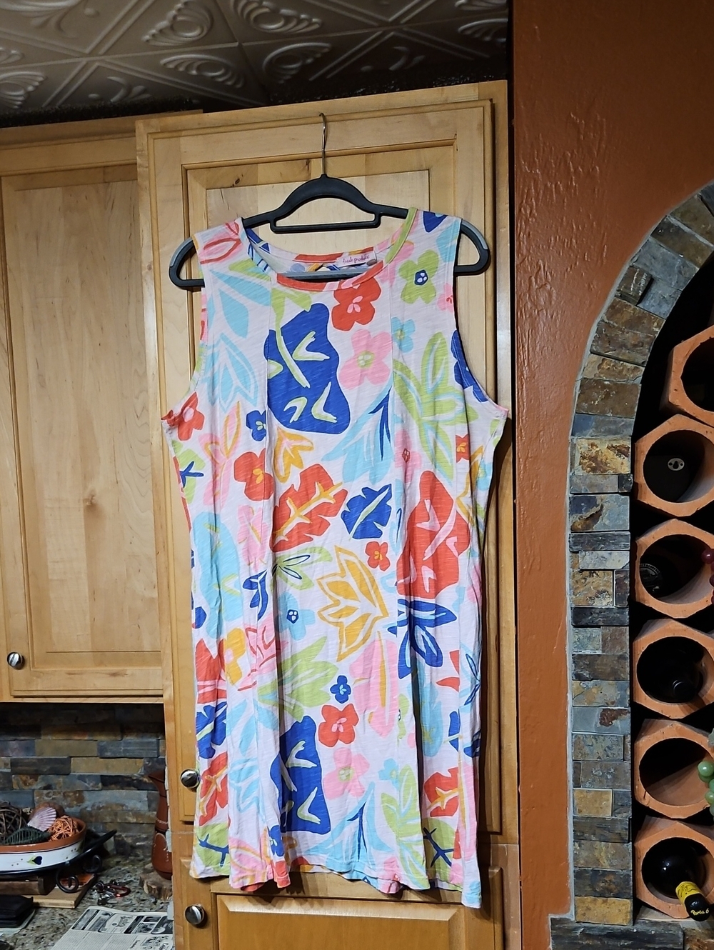 Fresh Produce Blue Green Orange Pink Red Floral Leaf Sleeveless Shift Dress